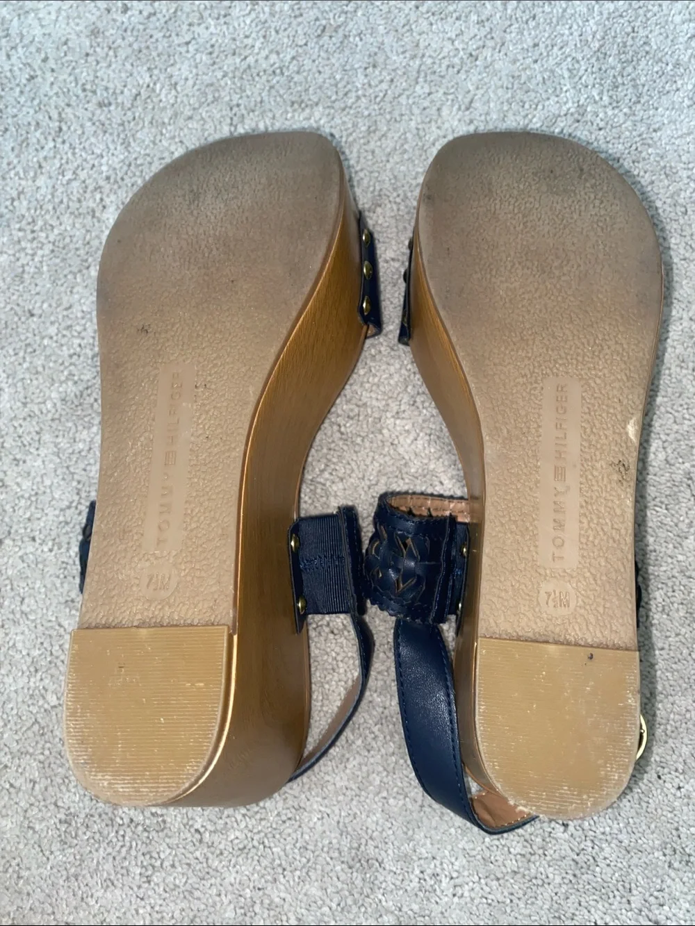 Tommy Hilfiger Platform Wedges Sandals Womens 7.5M Blue Gold Logo Strappy Boho